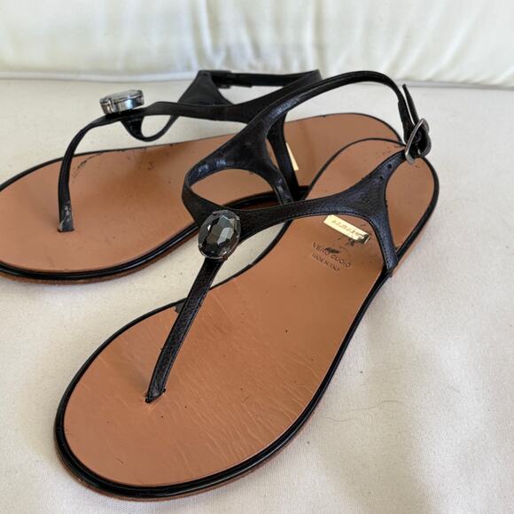Albano Jewel Thong Sandals 7 37 Black Leather Ankle Wrap Italian Italy Resort - Picture 2 of 6